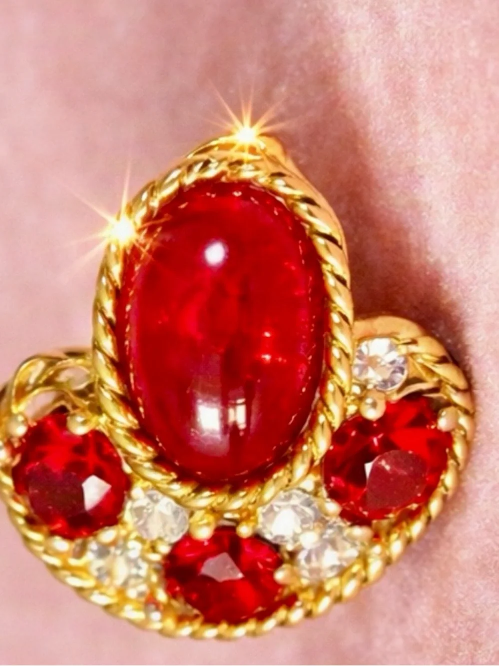 1940s Signed Eisenberg Ruby Jelly Belly Scatter Pin • Red Cabochon & Rhinestone